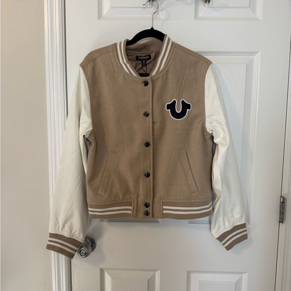 True Religion NWT Varsity Jacket Tan and White Button Front Wool Blend